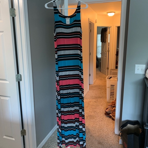 pink and blue striped maxi dress